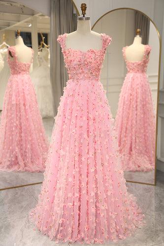 Pink A-line Off The Shoulder Long Prom Dress with 3D Flowers