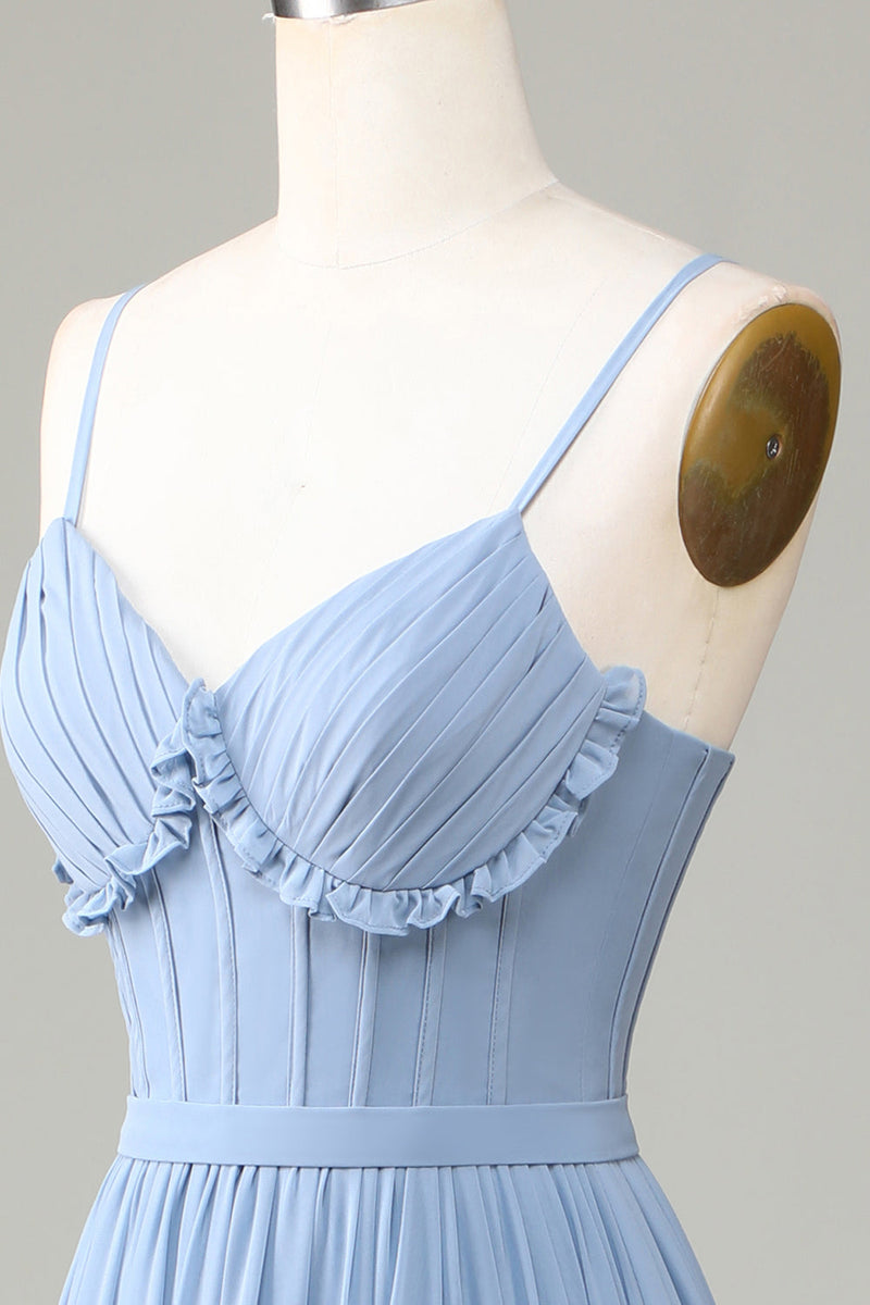 Load image into Gallery viewer, Dusty Blue Printed Corset Spaghetti Straps Long Bridesmaid Dress With Criss Cross Back