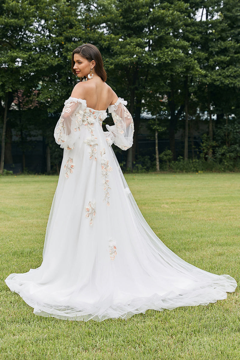 Load image into Gallery viewer, Ivory Detachable Long Sleeves Sweep Train Wedding Dress with 3D Flowers