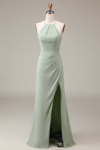 Matcha Halter Neck Sheath Pleated Bridesmaid Dress with Slit