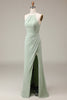 Load image into Gallery viewer, Matcha Halter Neck Sheath Pleated Bridesmaid Dress with Slit