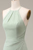 Load image into Gallery viewer, Matcha Halter Neck Sheath Pleated Bridesmaid Dress with Slit