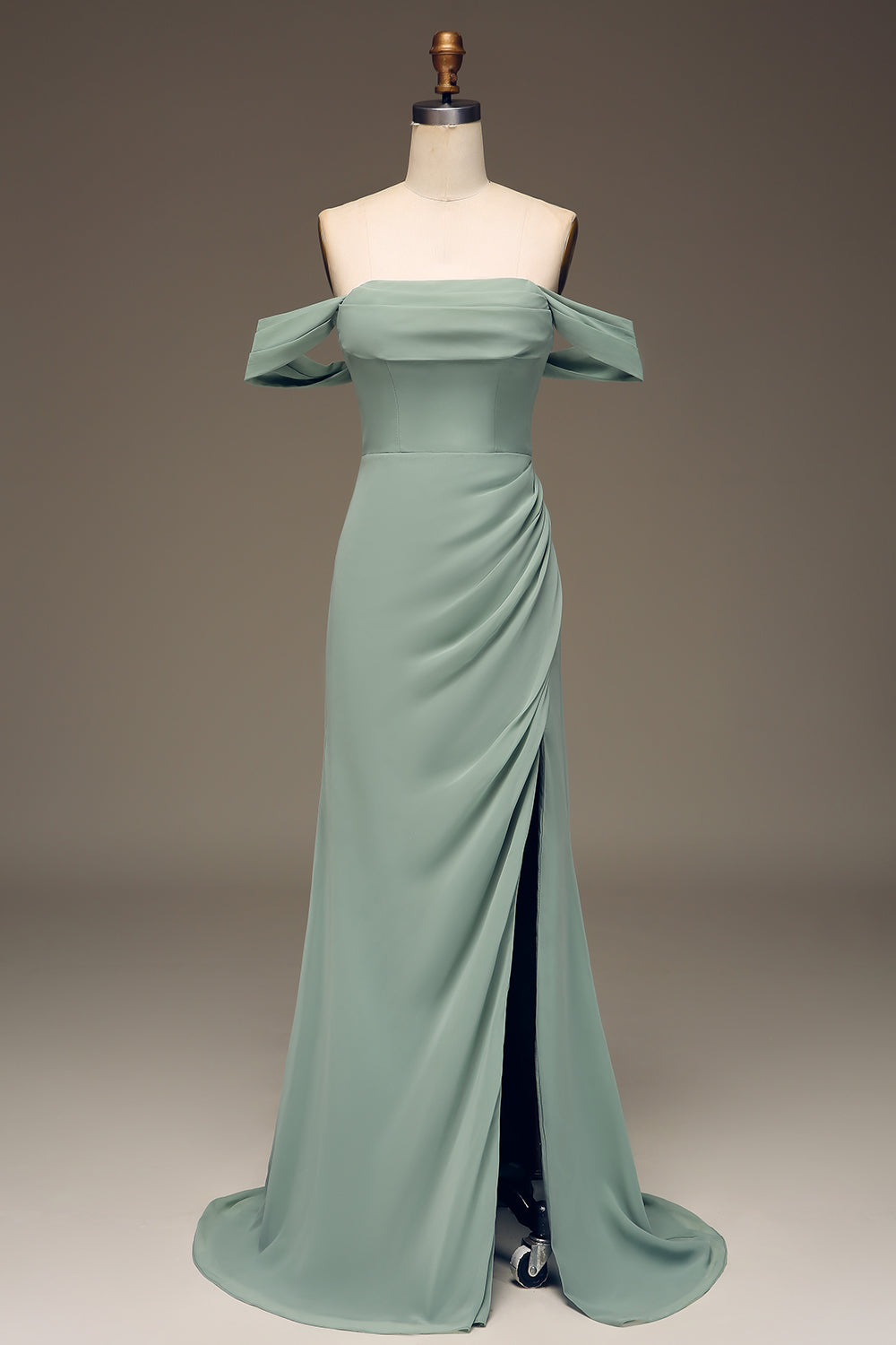 Dusty Sage Off the Shoulder Sheath Chiffon Pleated Long Bridesmaid Dress