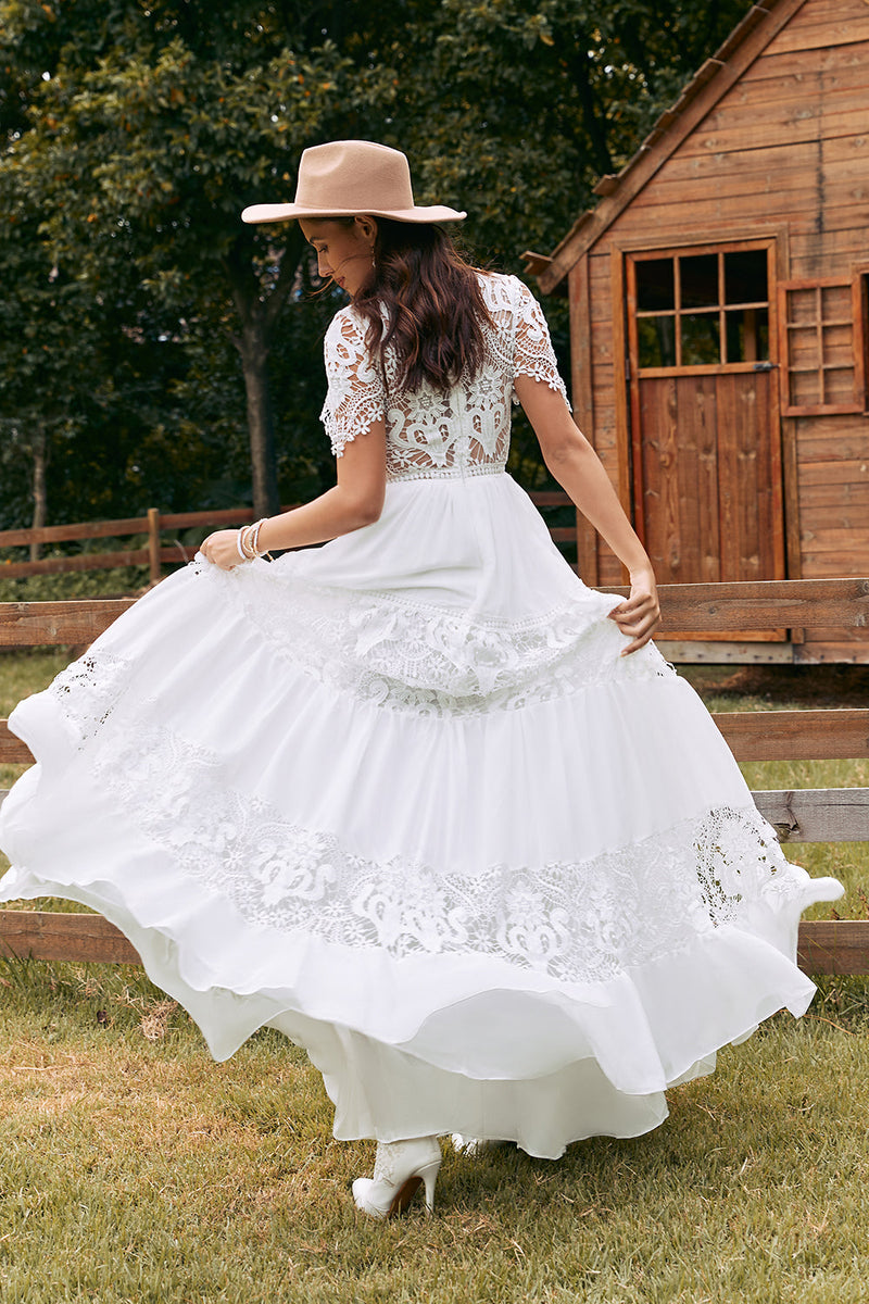 Load image into Gallery viewer, Ivory Short Sleeves Boho Chiffon Wedding Dress with Lace