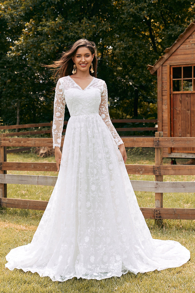 Load image into Gallery viewer, Ivory A-Line V-Neck Lace Sweep Train Wedding Dress with Sleeves