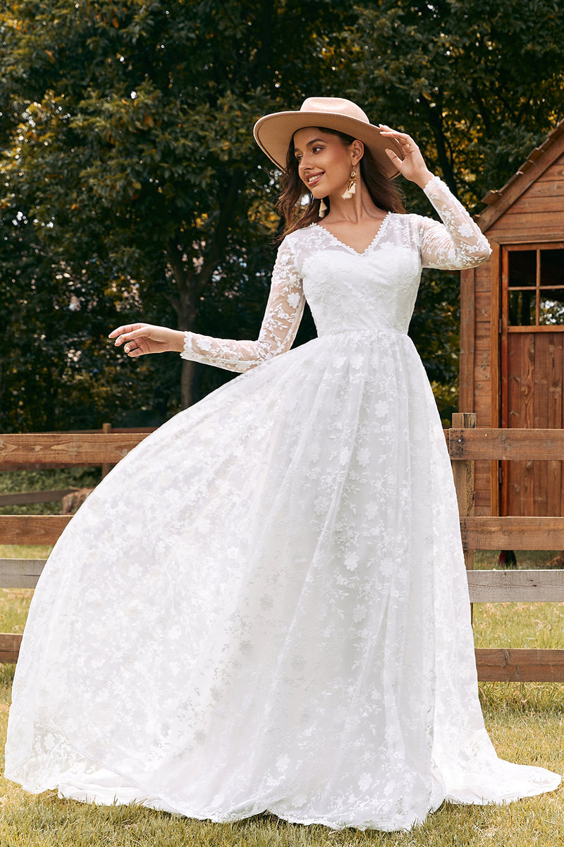 Load image into Gallery viewer, Ivory A-Line V-Neck Lace Sweep Train Wedding Dress with Sleeves