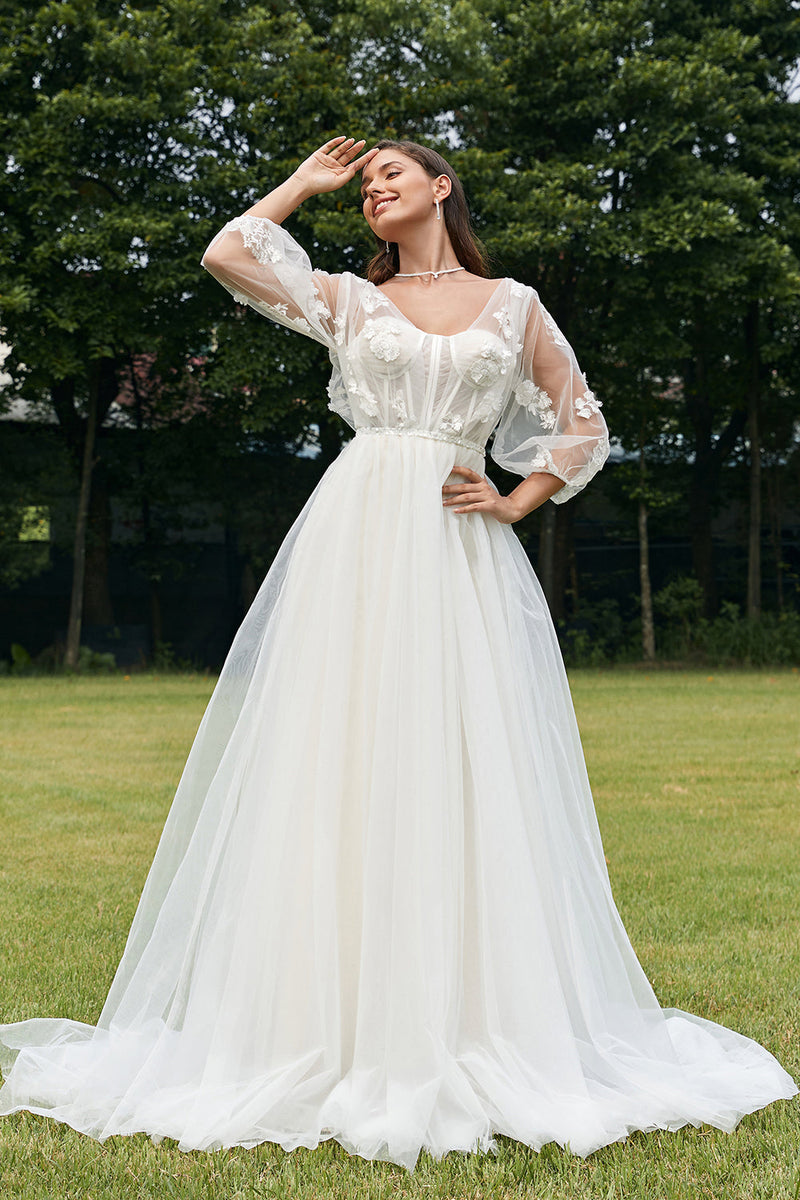 Load image into Gallery viewer, Ivory Puff Sleeves Corset Wedding Dress with 3D Flowers