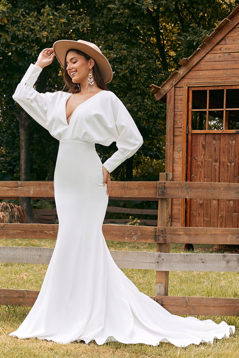 Load image into Gallery viewer, Simple Ivory Long Sleeves Mermaid Wedding Dress