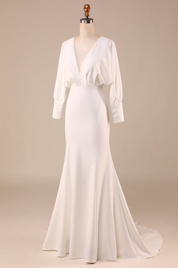 Simple Ivory Mermaid Long Sleeves Deep V-Neck Wedding Dress