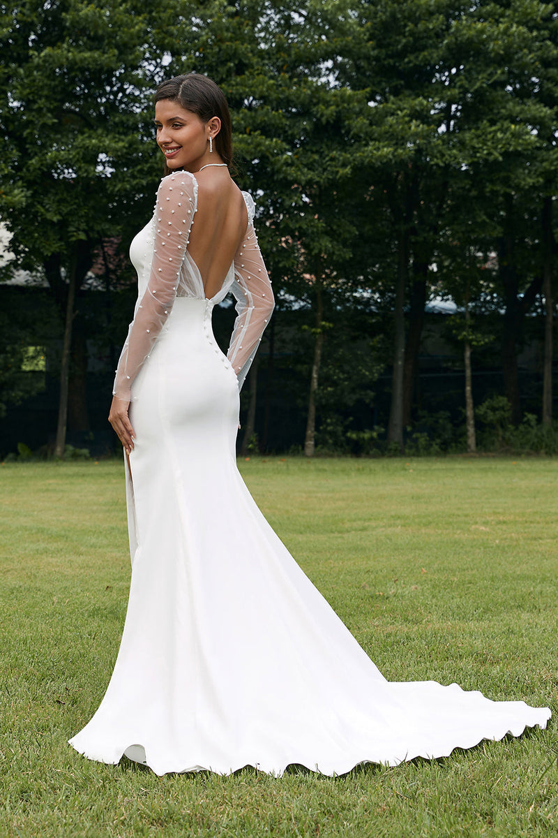 Load image into Gallery viewer, Ivory Illusion Long Sleeves Backless Mermaid Wedding Dress with Slit