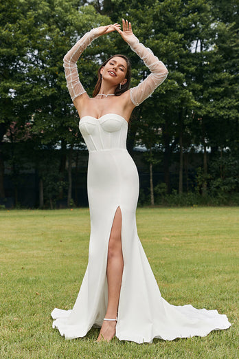 Simple Ivory Detachable Illusion Long Sleeves Mermaid Wedding Dress with Slit