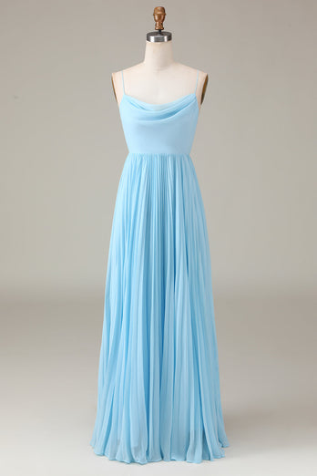 Sky Blue Spaghetti Straps Cowl Neck Pleated Open Back A-line Chiffon Bridesmaid Dress