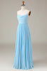 Load image into Gallery viewer, Sky Blue Spaghetti Straps Cowl Neck Pleated Open Back A-line Chiffon Bridesmaid Dress