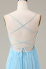 Load image into Gallery viewer, Sky Blue Spaghetti Straps Cowl Neck Pleated Open Back A-line Chiffon Bridesmaid Dress