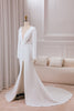 Load image into Gallery viewer, Ivory Deep V-neck Long Sleeves Crepe Mermaid Wedding Dress with Front Slit