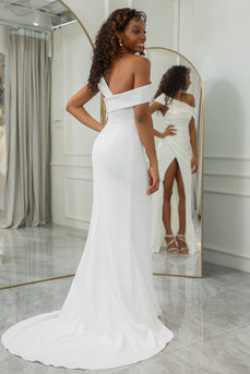 Simple Ivory One Shoulder Draped Wedding Dress with Slit