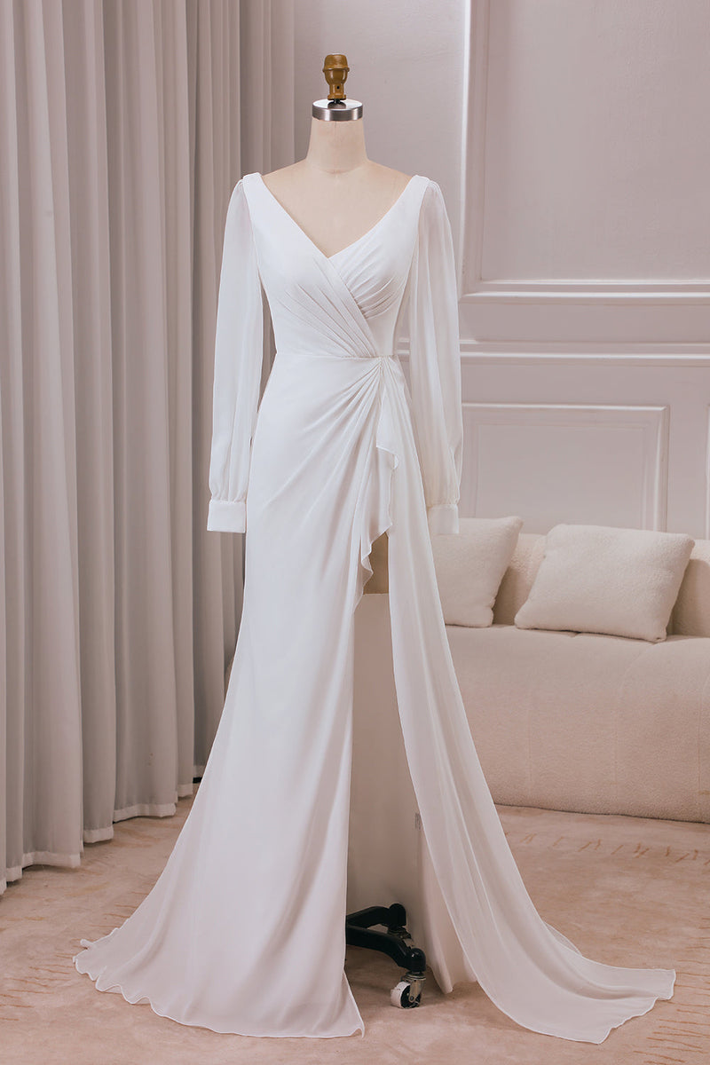 Load image into Gallery viewer, Ivory V-neck Long Sleeves A-line Chiffon Bridal Dress