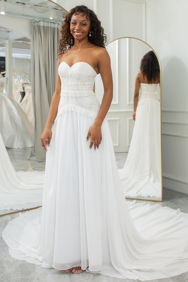 Load image into Gallery viewer, Ivory Sweetheart Detachable Flare Sleeves Boho Wedding Dress