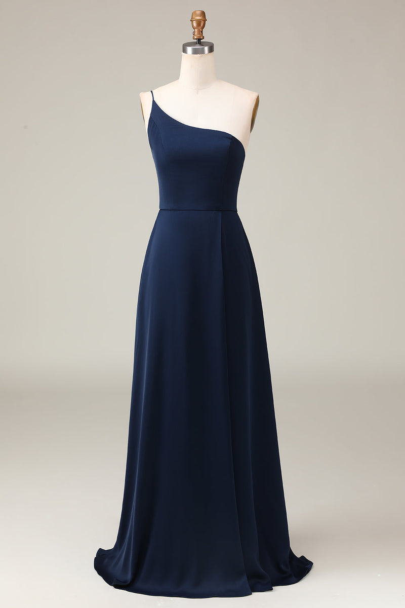 Load image into Gallery viewer, Black A-line Chiffon One Shoulder Floor Length Bridesmaid Dress