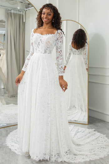 Ivory A-Line Lace Wedding Dress with Sleeves