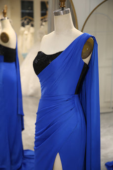 Royal Blue Mermaid One Shoulder Long Prom Dress With Slit