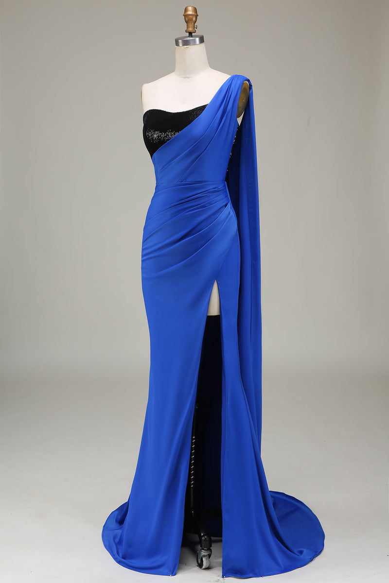 Load image into Gallery viewer, Royal Blue One Shoulder Satin and Sequin Mermaid Pleated Prom Dress with Slit