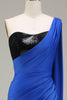 Load image into Gallery viewer, Royal Blue One Shoulder Satin and Sequin Mermaid Pleated Prom Dress with Slit