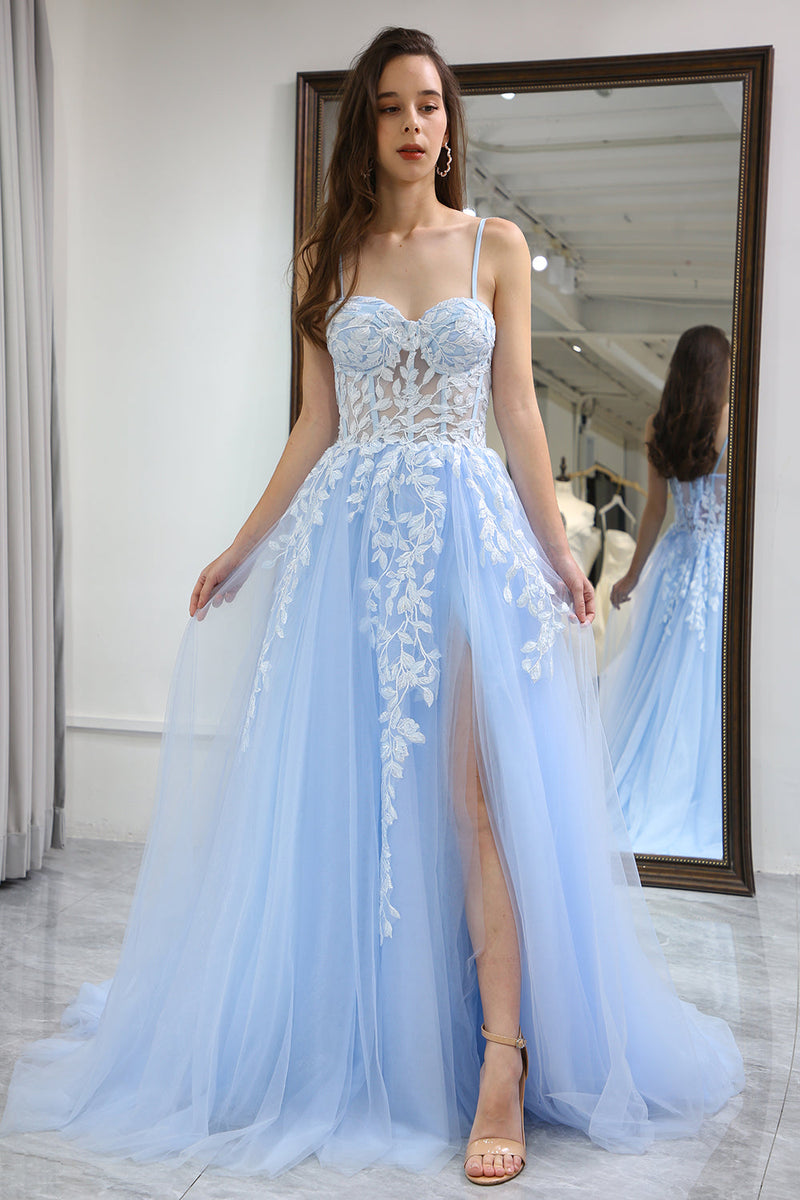 Load image into Gallery viewer, Sky Blue A Line Long Corset Appliqued Prom Dress With Slit