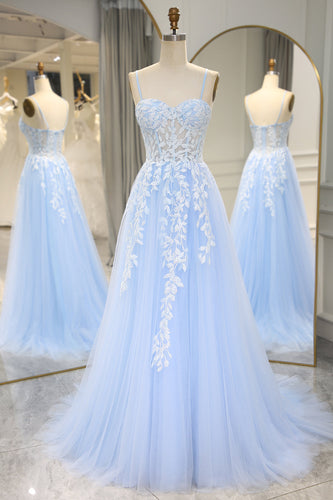 Sky Blue Long Corset Appliqued Prom Dress With Slit