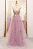 Load image into Gallery viewer, Mauve A Line Tulle Beaded Appliques Long Prom Dress With Front Slit