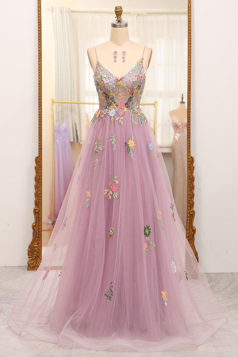 Load image into Gallery viewer, Mauve A Line Tulle Beaded Appliques Long Prom Dress With Front Slit