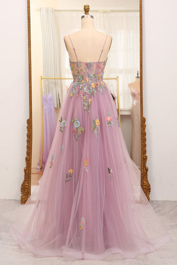 Mauve A Line Tulle Beaded Appliques Long Prom Dress With Front Slit