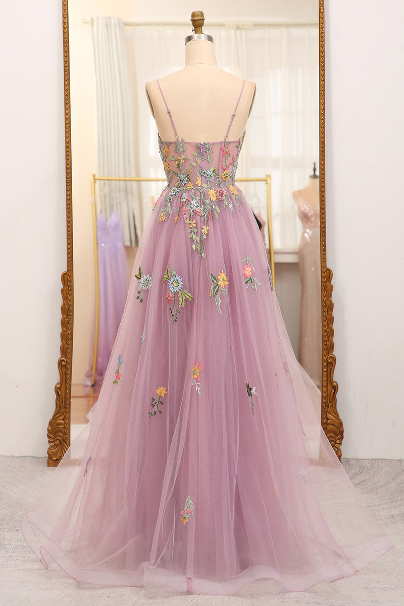 Load image into Gallery viewer, Mauve A Line Tulle Beaded Appliques Long Prom Dress With Front Slit