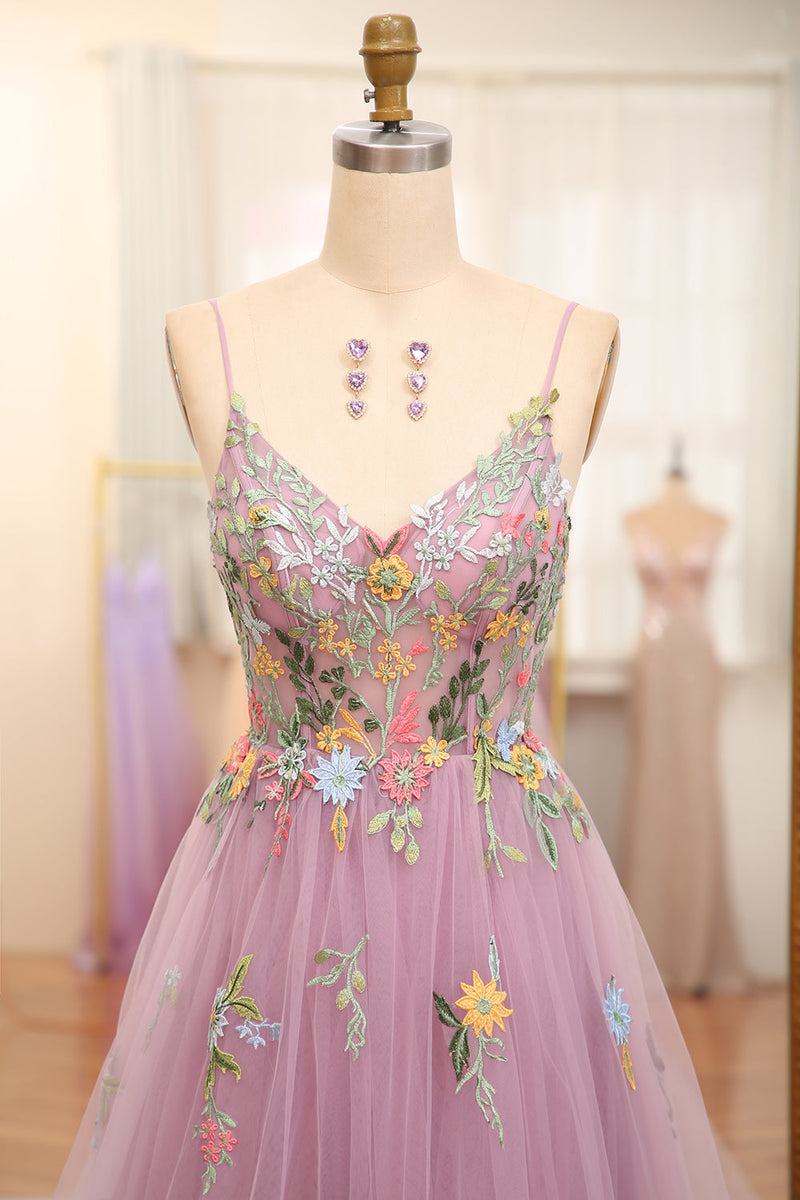 Load image into Gallery viewer, Mauve A Line Tulle Beaded Appliques Long Prom Dress With Front Slit