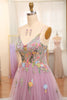 Load image into Gallery viewer, Mauve A Line Tulle Beaded Appliques Long Prom Dress With Front Slit