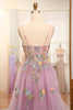 Load image into Gallery viewer, Mauve A Line Tulle Beaded Appliques Long Prom Dress With Front Slit