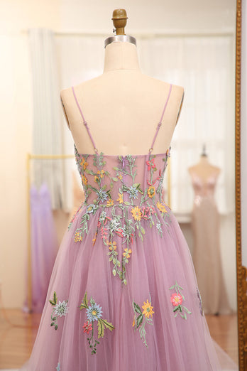 Mauve A Line Tulle Beaded Appliques Long Prom Dress With Front Slit