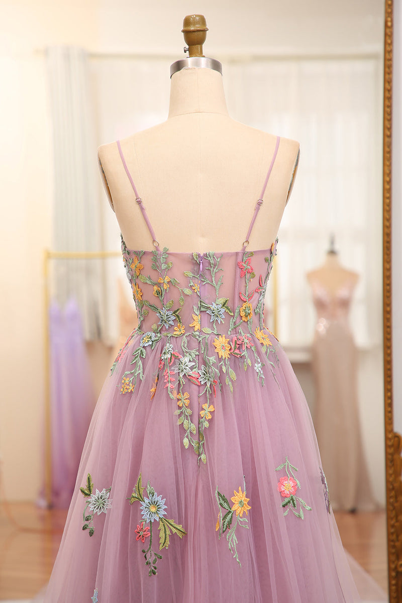 Load image into Gallery viewer, Mauve A Line Tulle Beaded Appliques Long Prom Dress With Front Slit