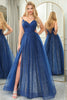 Load image into Gallery viewer, Sparkly Navy Beaded A Line Long Prom Dress With Slit