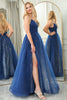 Load image into Gallery viewer, Sparkly Navy Beaded A Line Long Prom Dress With Slit