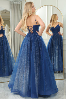 Sparkly Navy Beaded A Line Long Prom Dress With Slit