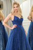 Load image into Gallery viewer, Sparkly Navy Beaded A Line Long Prom Dress With Slit