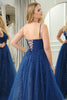 Load image into Gallery viewer, Sparkly Navy Beaded A Line Long Prom Dress With Slit