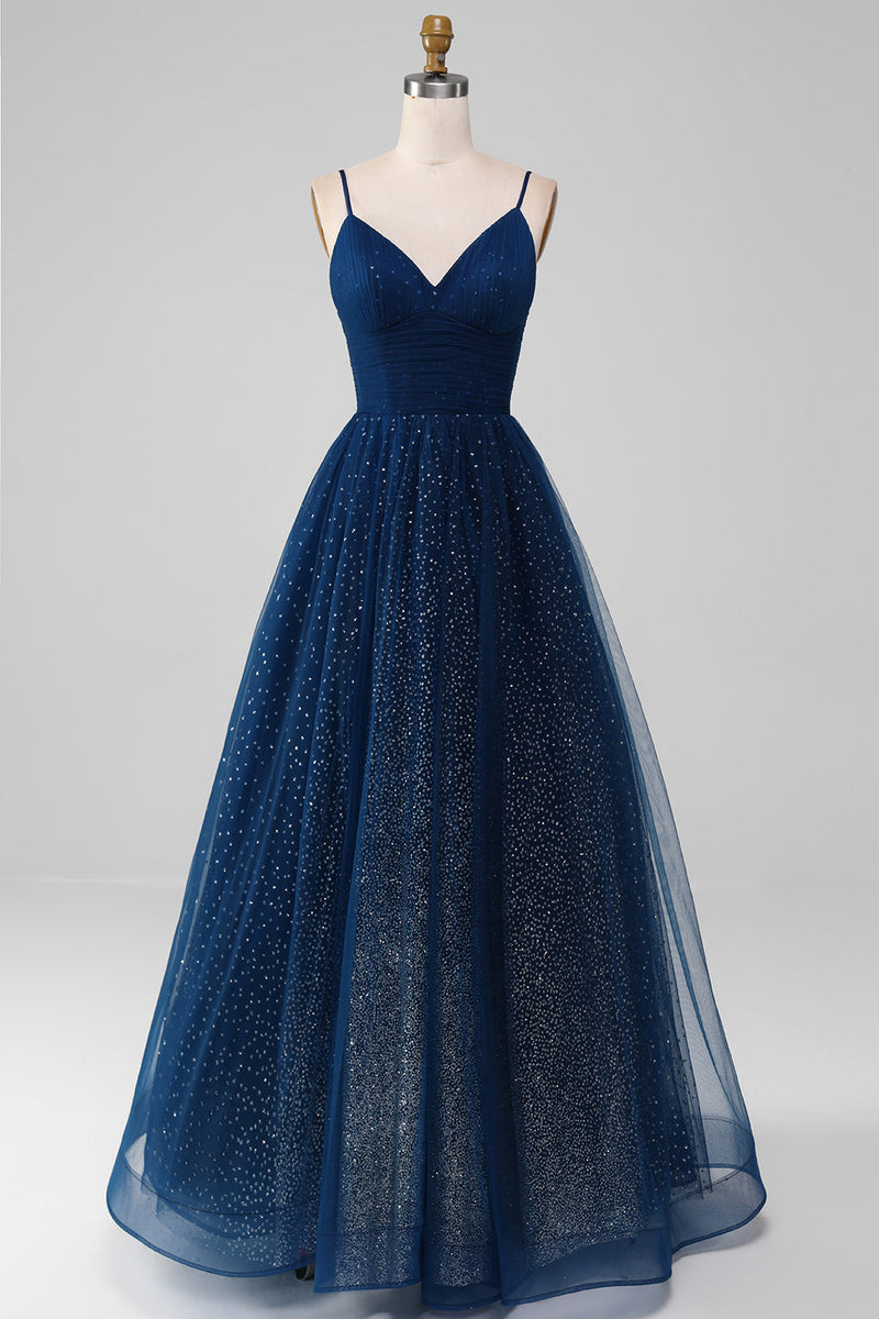 Load image into Gallery viewer, Navy Ball-Gown V-Neck Long Beaded Tulle Prom Dresses With Pleated