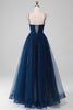 Load image into Gallery viewer, Navy Ball-Gown V-Neck Long Beaded Tulle Prom Dresses With Pleated