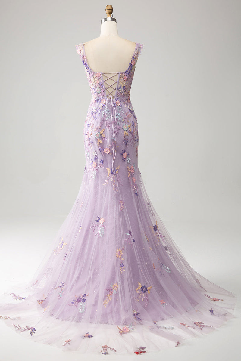 Load image into Gallery viewer, Light Purple Off The Shoulder Long Embroidered Mermaid Prom Dress Slit