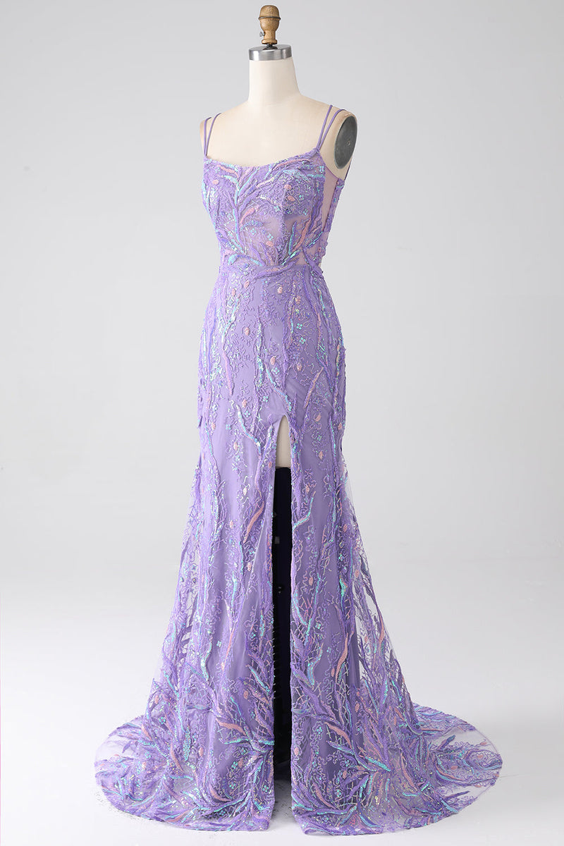 Load image into Gallery viewer, Mermaid Lace-Up Back Lilac Sequins Prom Dress with Slit