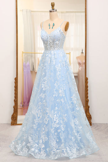 Sky Blue A Line Tulle Long Corset Prom Dress With Appliques