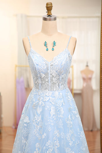 Sky Blue A Line Tulle Long Corset Prom Dress With Appliques