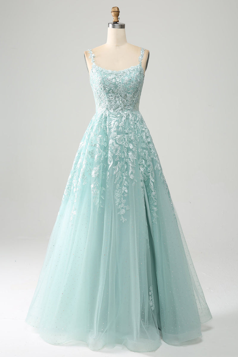 Load image into Gallery viewer, Glitter Mint A-Line Tulle Long Prom Dress with Lace